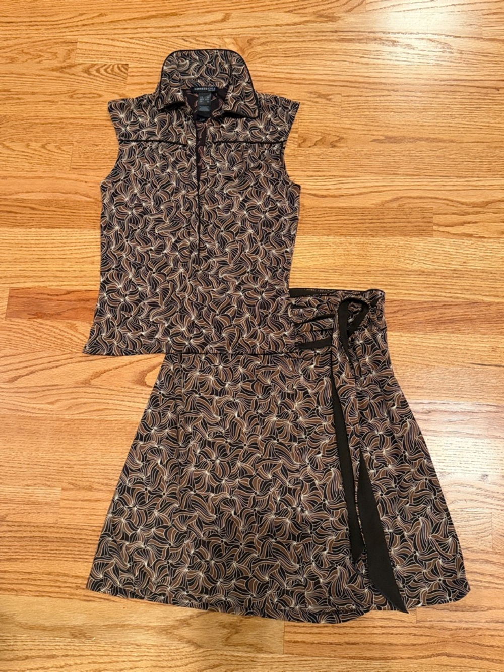 Kenneth Cole 🤎 Black and Tan Printed Sleeveless Skirt Set